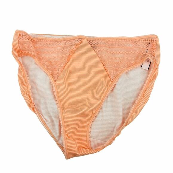 Victoria's Secret Hi Leg Brief Tangerine White Stripe Lace Inlay Panty Large - Picture 1 of 6
